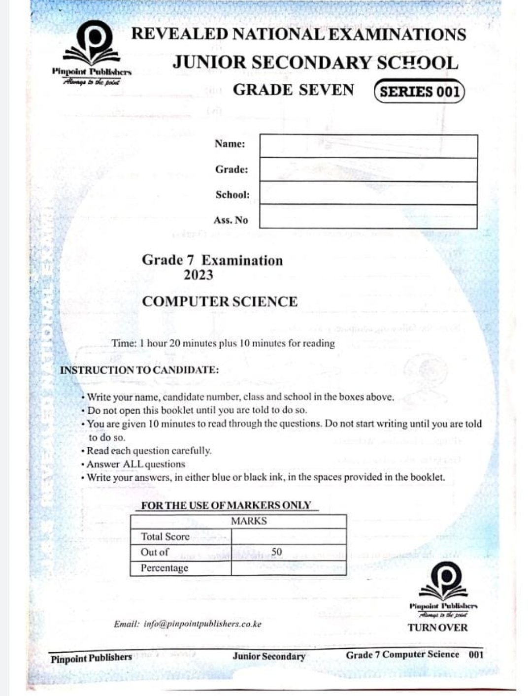 2023 Revealed National exam 001 grade 7 questions awith answers