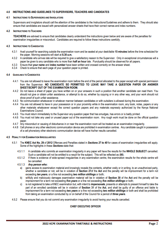 Kcpe December 2022 Timetable Download Pdf