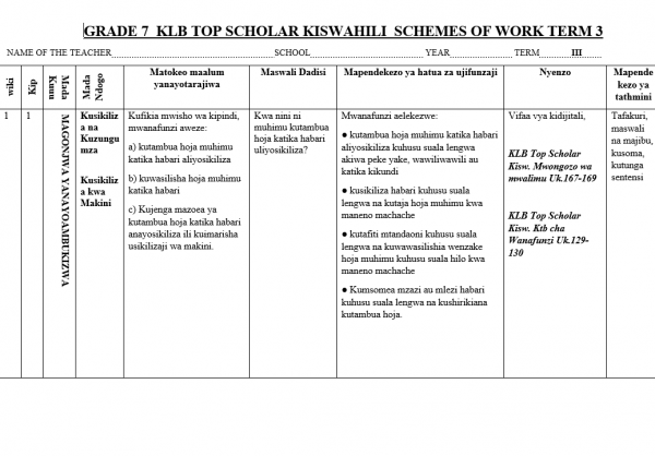 Kiswahili TOP SCHOLAR term 3 grade 7 scheme of work 2024