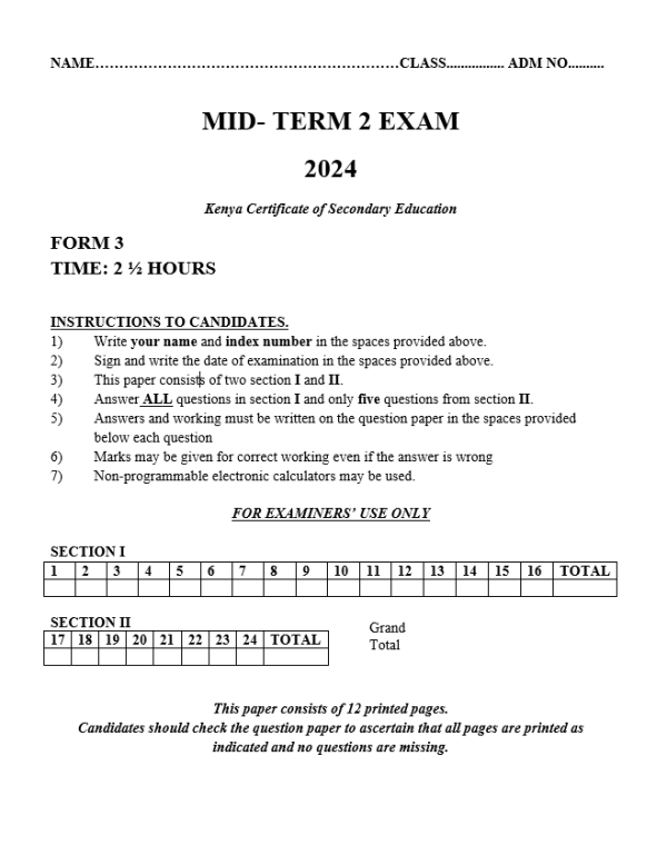 2024 Form 3 Mid term 1 exams download for secondary school