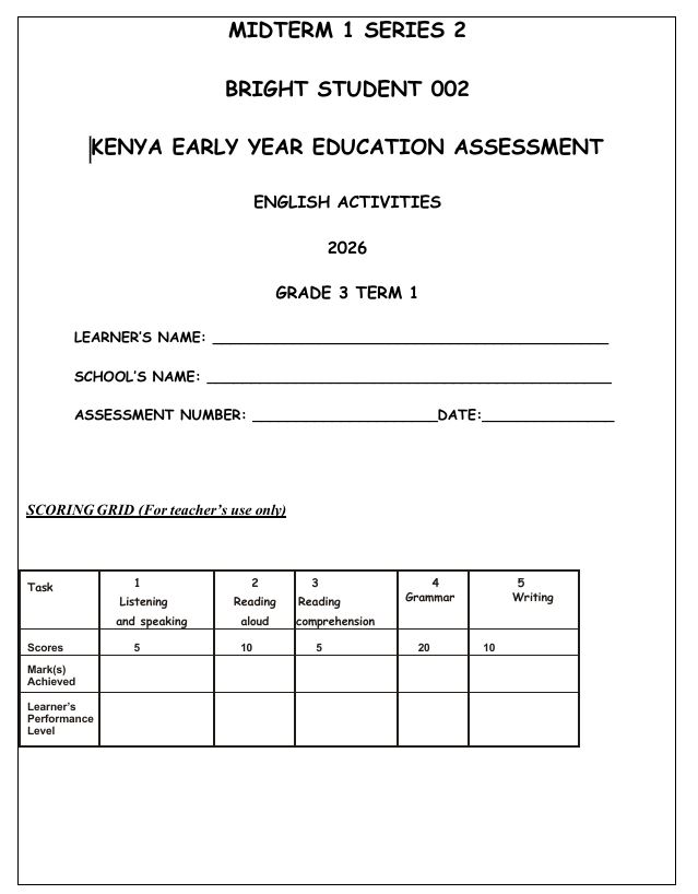 Grade 3 mid term 1 assessment 2026 Cbc lower primary
